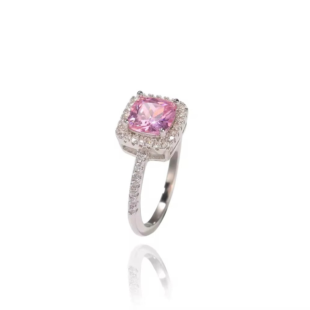 Pink and silver cushion ring